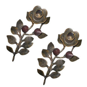 Pair of two iron rose bud and leaves taper candle holders